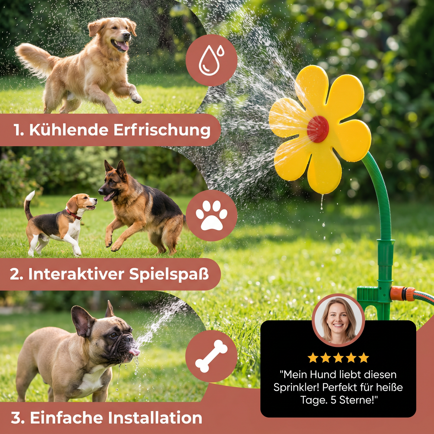 Drehender Sonnenblumen Sprinkler für Hunde