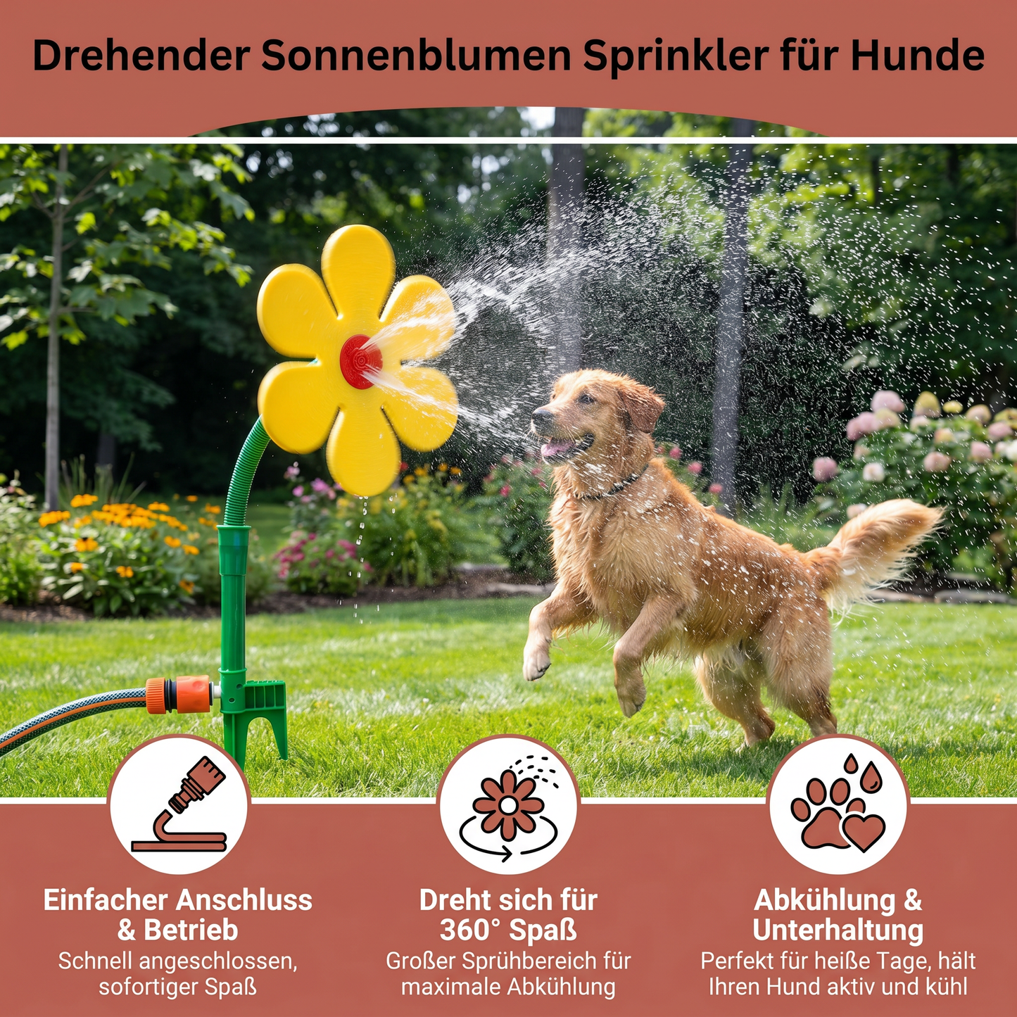 Drehender Sonnenblumen Sprinkler für Hunde