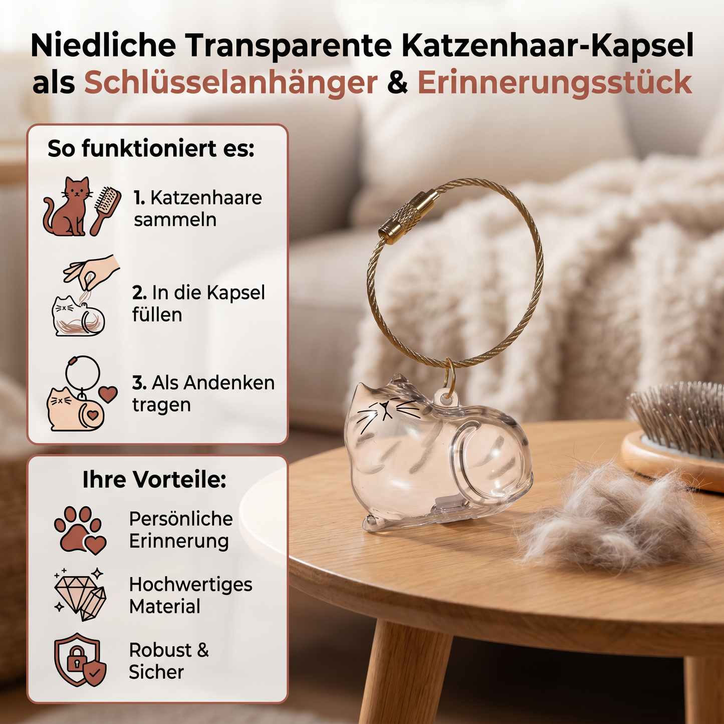 Niedliche Transparente Katzenhaar-Kapsel als Schlüsselanhänger & Erinnerungsstück