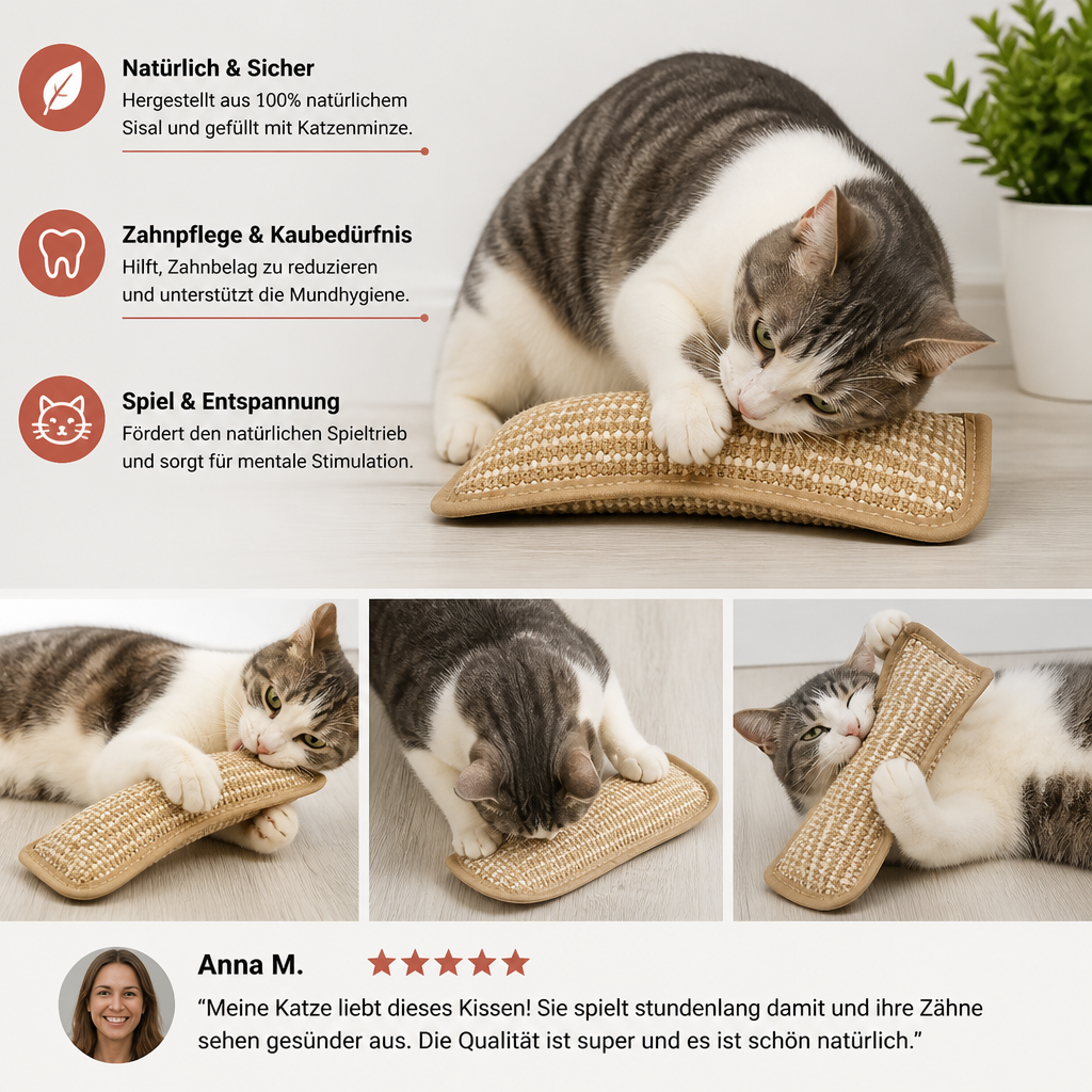 Natürliches Sisal-Katzenkissen & Kratzspielzeug mit Katzenminze – Kauspielzeug zur Zahnpflege