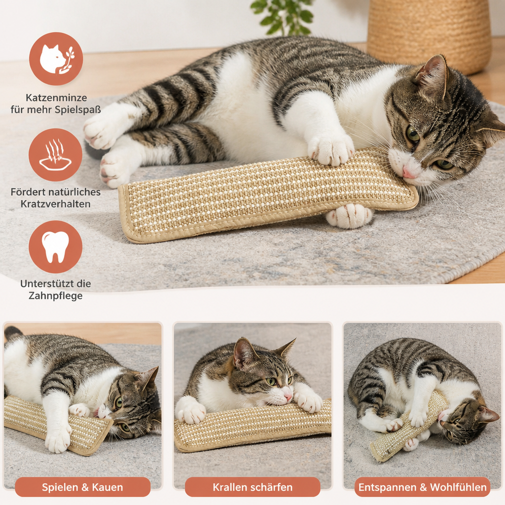 Natürliches Sisal-Katzenkissen & Kratzspielzeug mit Katzenminze – Kauspielzeug zur Zahnpflege