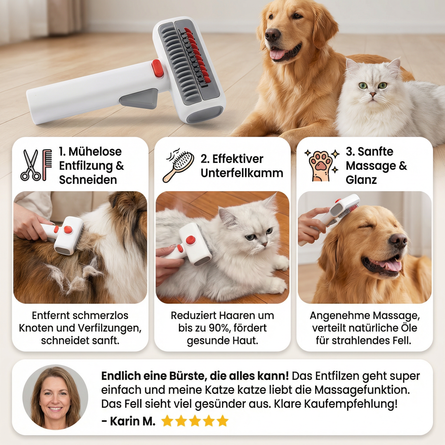 2-in-1 Fellpflege- & Schneidebürste  für Hunde & Katzen – Entfilzungs- & Unterfellkamm für langes & kurzes Fell