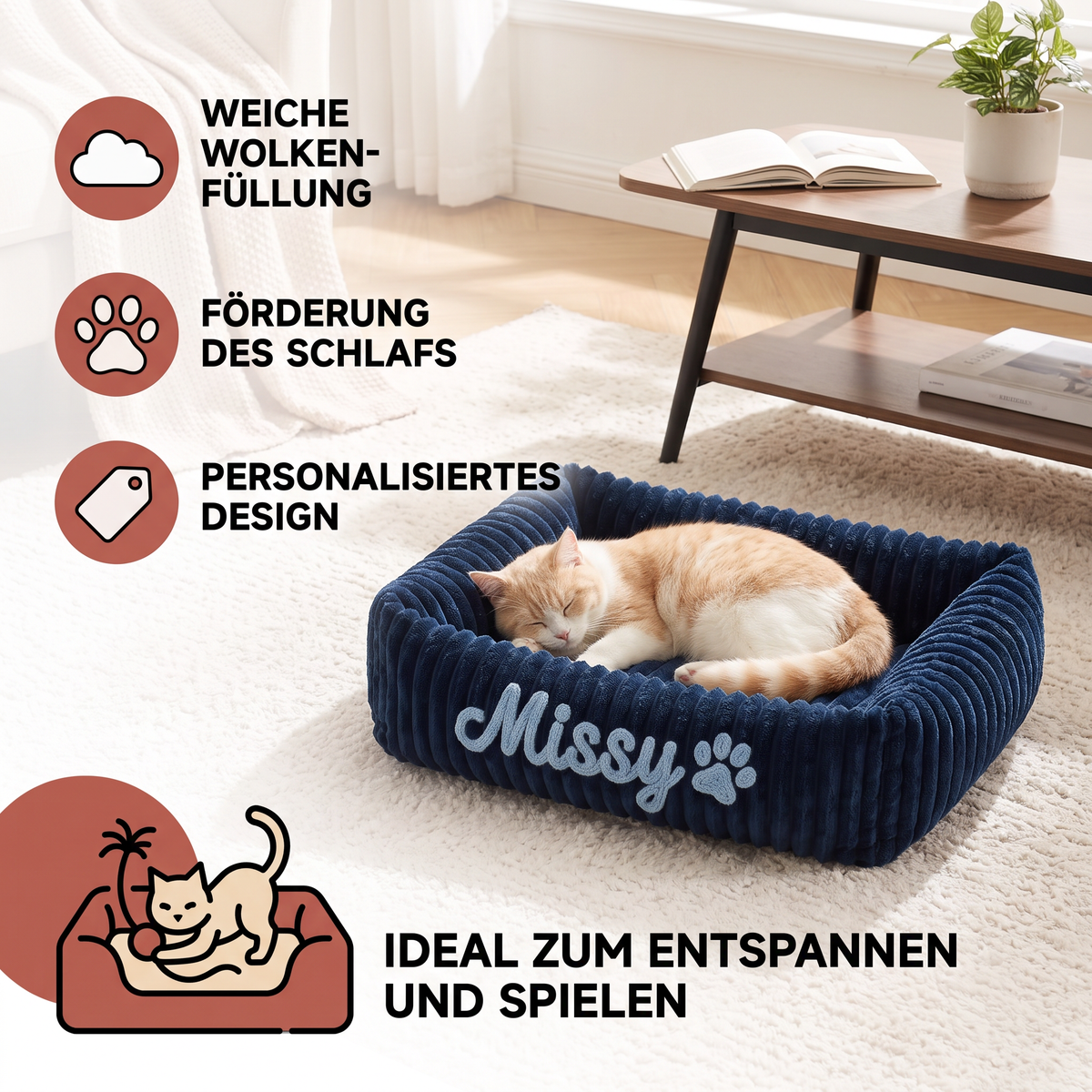 Personalisiertes, flauschiges Wolken-Katzenbett mit weicher Umrandung