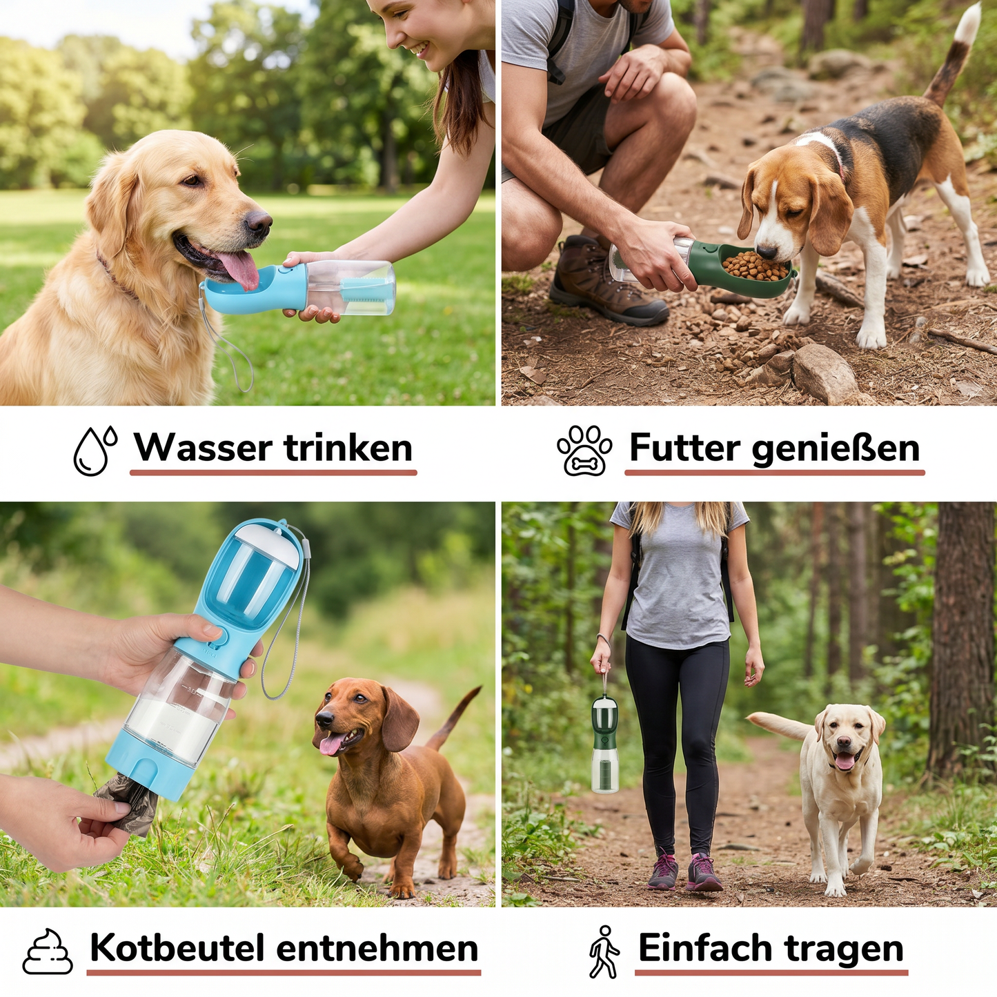3 in 1 tragbare Hundeflasche mit Futterbehälter und Kotbeutelhalter