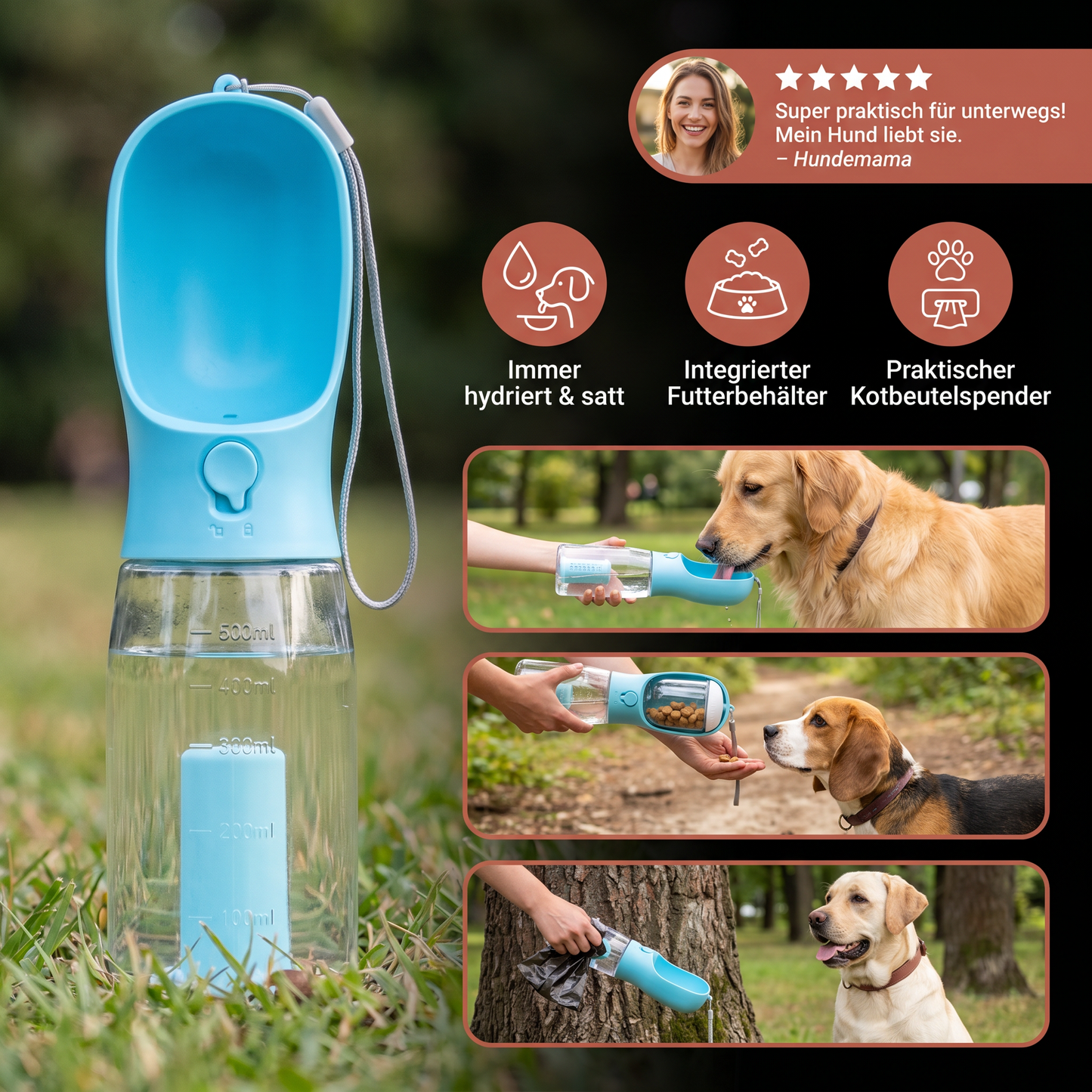 3 in 1 tragbare Hundeflasche mit Futterbehälter und Kotbeutelhalter