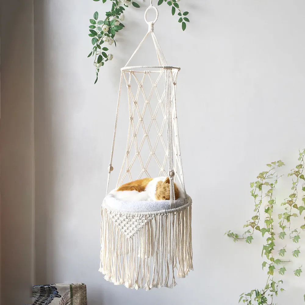 Makramee Katzen Hängesessel – Boho Hängematte Mit Kuschelkissen Für Katzen