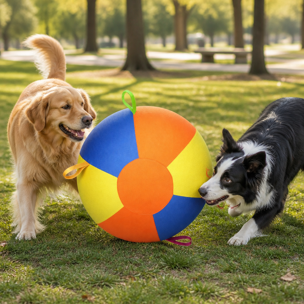 Interaktiver bunter Treibball mit Griffen für Hunde – Robustes Outdoor-Trainingsspielzeug