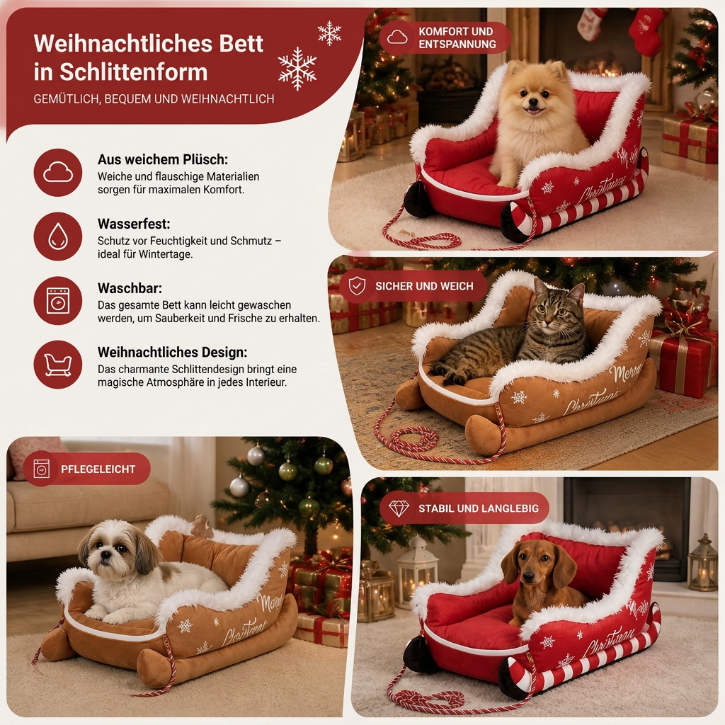 Weihnachtliches Haustierbett in Schlittenform aus Plüsch mit waschbarem wasserdichtem Bezug