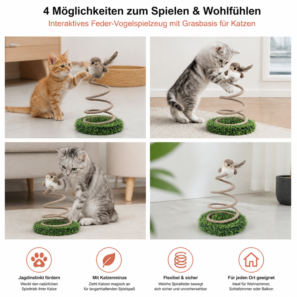 Interaktives Feder-Vogelspielzeug für Katzen mit Grasbasis