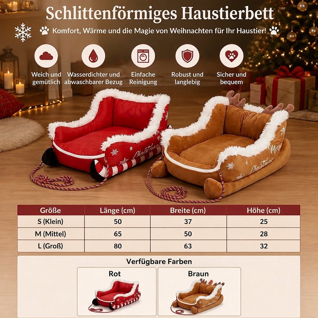 Weihnachtliches Haustierbett in Schlittenform aus Plüsch mit waschbarem wasserdichtem Bezug
