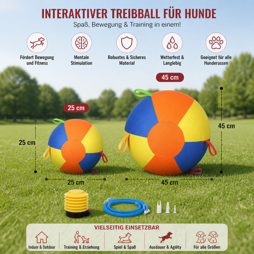 Interaktiver bunter Treibball mit Griffen für Hunde – Robustes Outdoor-Trainingsspielzeug