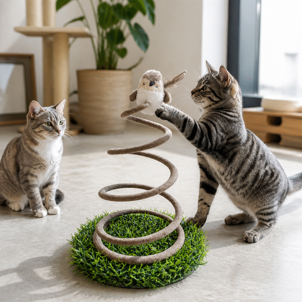 Interaktives Feder-Vogelspielzeug für Katzen mit Grasbasis
