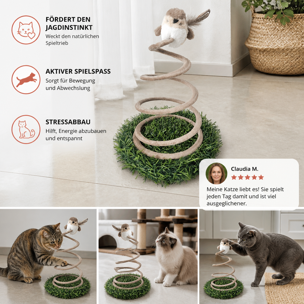 Interaktives Feder-Vogelspielzeug für Katzen mit Grasbasis