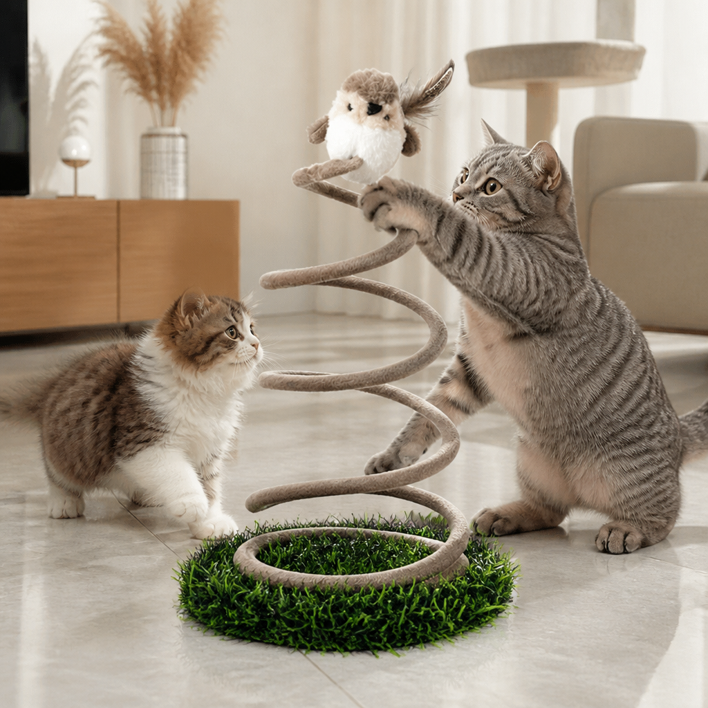 Interaktives Feder-Vogelspielzeug für Katzen mit Grasbasis