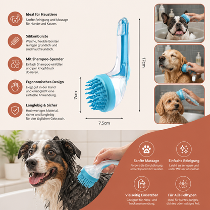 2-in-1 Silikon-Bade- und Massagebürste für Haustiere mit Shampoo-Spender