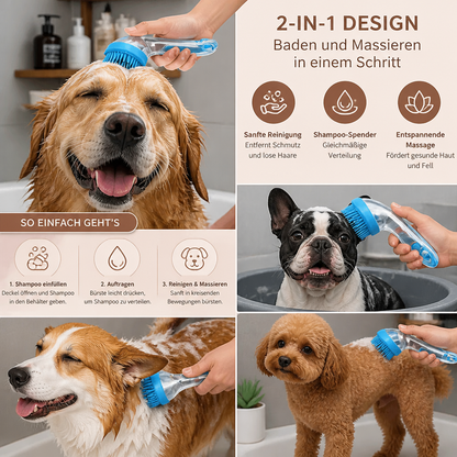 2-in-1 Silikon-Bade- und Massagebürste für Haustiere mit Shampoo-Spender