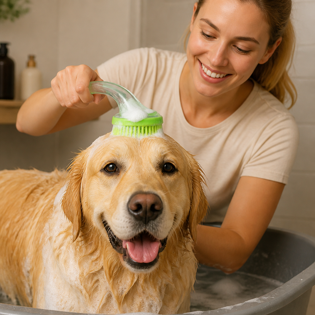 2-in-1 Silikon-Bade- und Massagebürste für Haustiere mit Shampoo-Spender