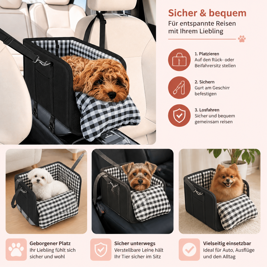 Sichere Auto-Transporttasche für kleine Hunde & Katzen mit Sicherheitsleine & rutschfestem Boden