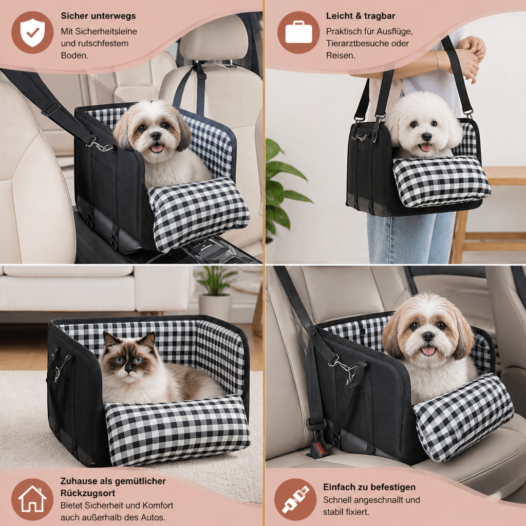 Sichere Auto-Transporttasche für kleine Hunde & Katzen mit Sicherheitsleine & rutschfestem Boden