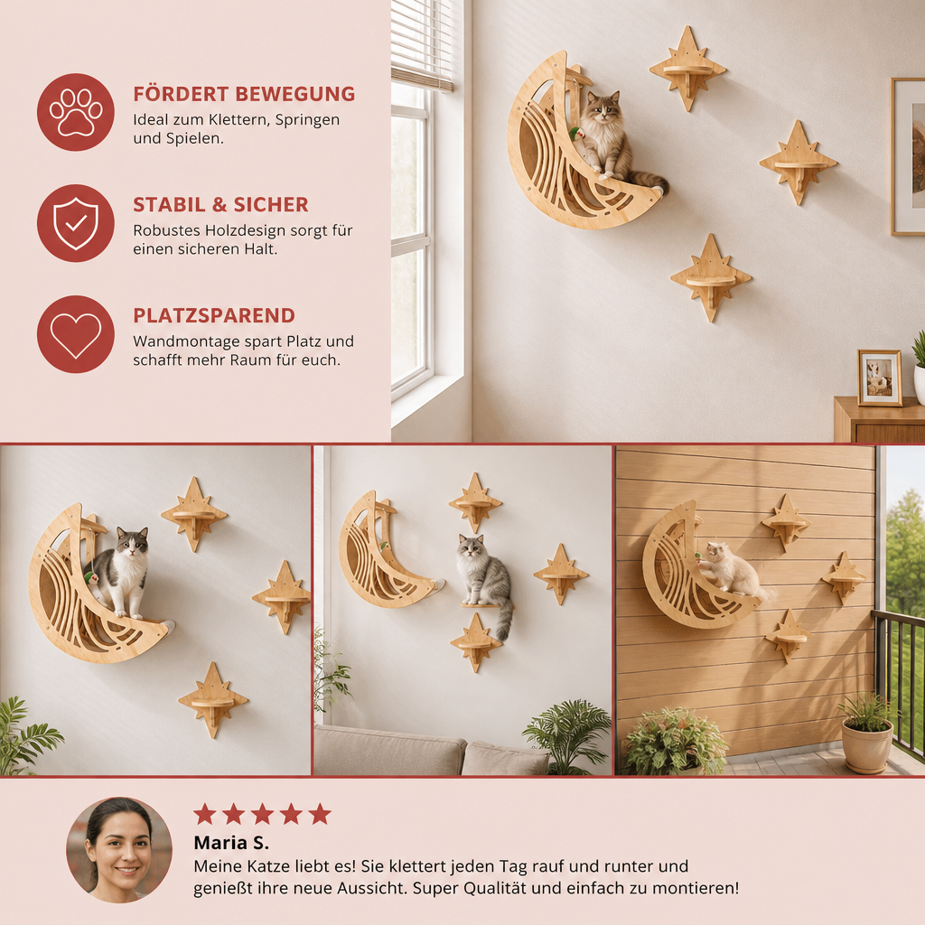 Modernes Katzen-Kletterwand-Set aus Holz mit Mond- & Stern-Design inklusive Liegefläche