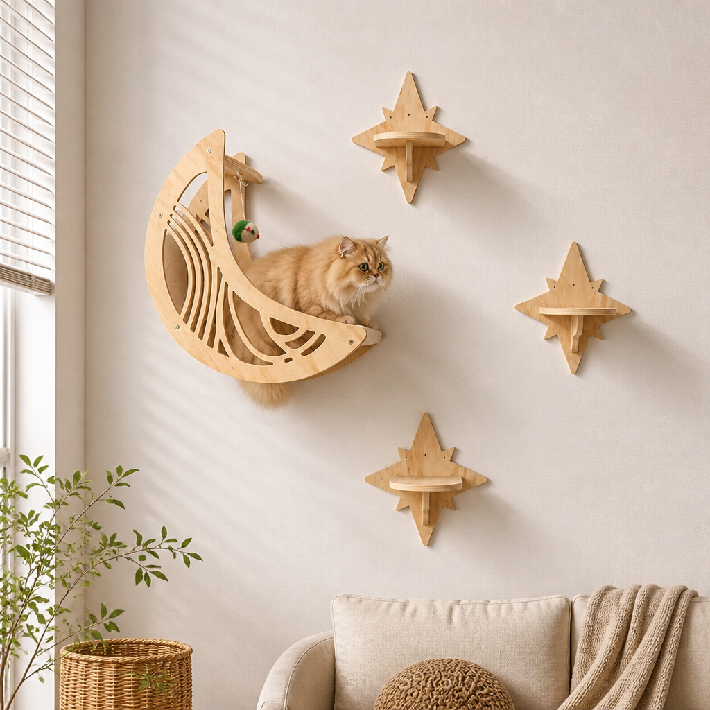 Modernes Katzen-Kletterwand-Set aus Holz mit Mond- & Stern-Design inklusive Liegefläche