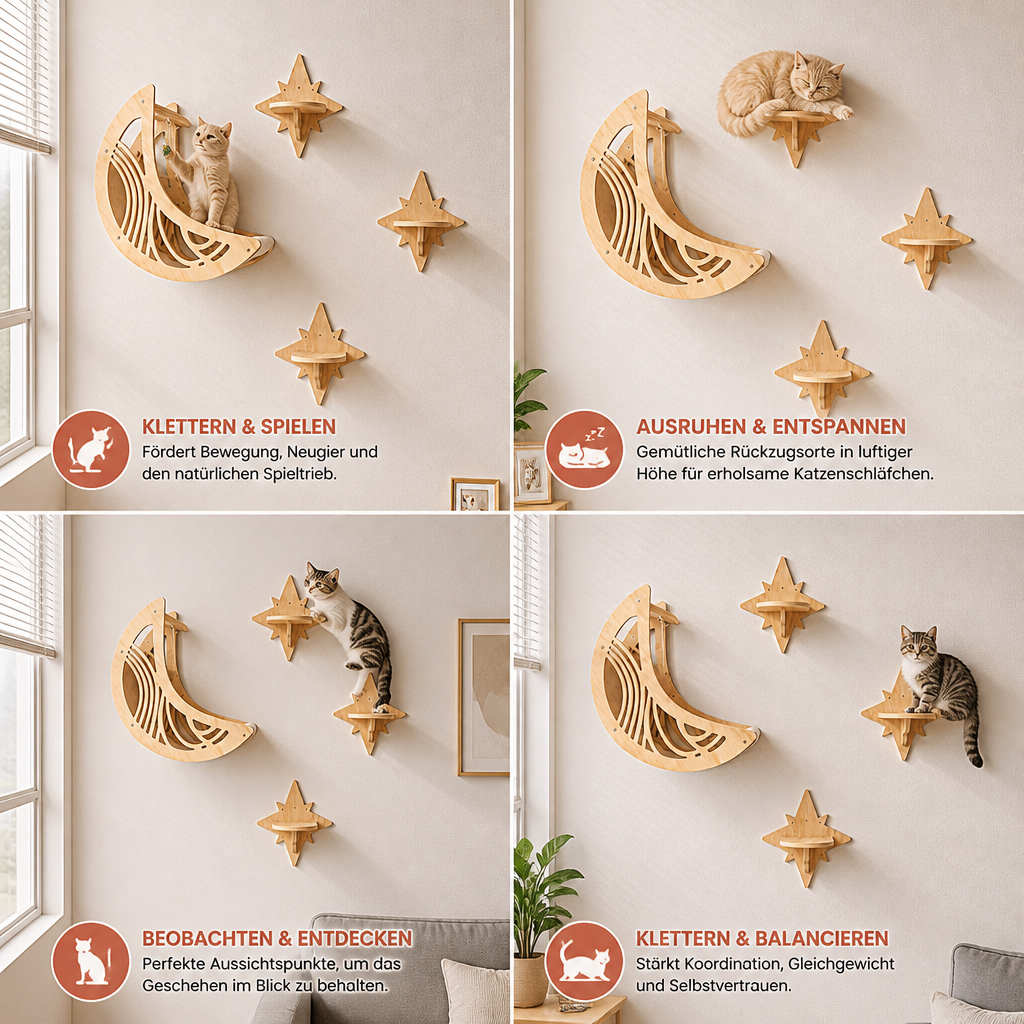 Modernes Katzen-Kletterwand-Set aus Holz mit Mond- & Stern-Design inklusive Liegefläche