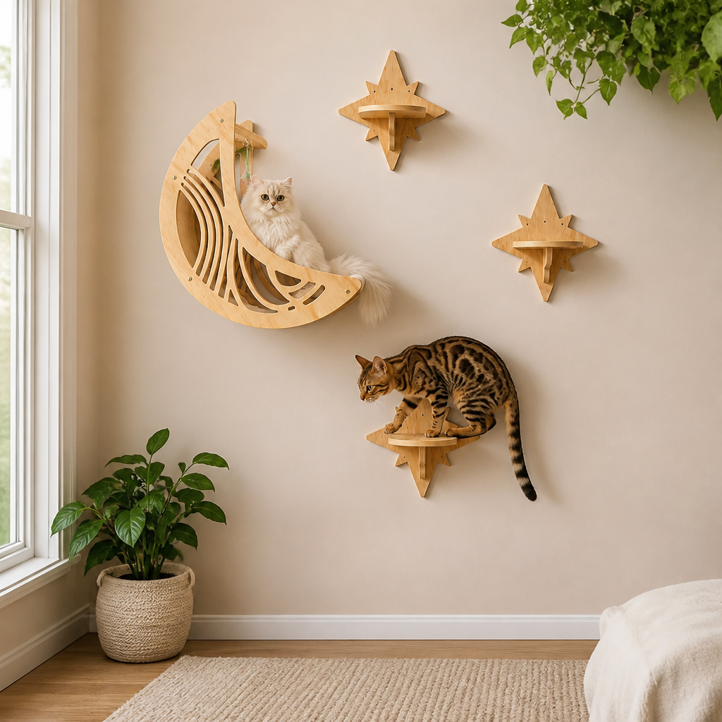 Modernes Katzen-Kletterwand-Set aus Holz mit Mond- & Stern-Design inklusive Liegefläche