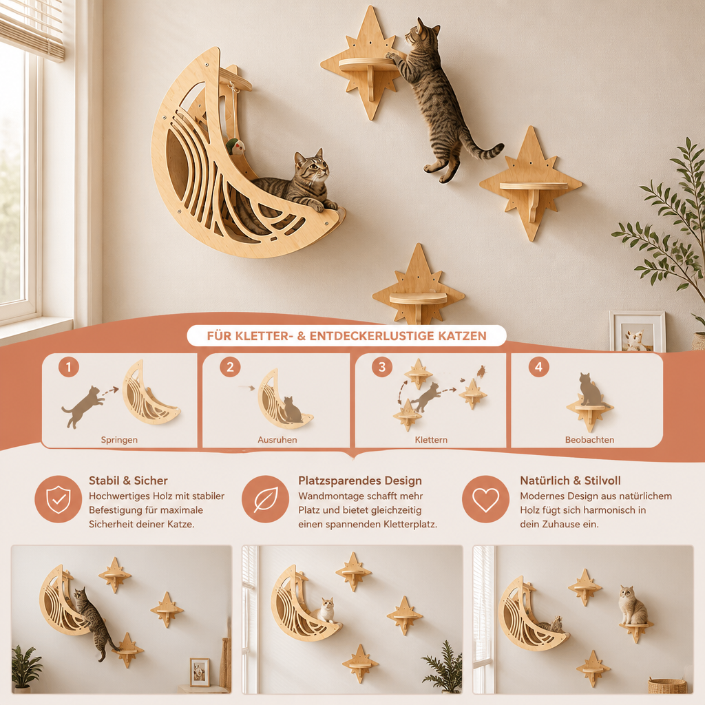 Modernes Katzen-Kletterwand-Set aus Holz mit Mond- & Stern-Design inklusive Liegefläche