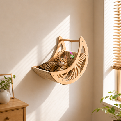 Modernes Katzen-Kletterwand-Set aus Holz mit Mond- & Stern-Design inklusive Liegefläche