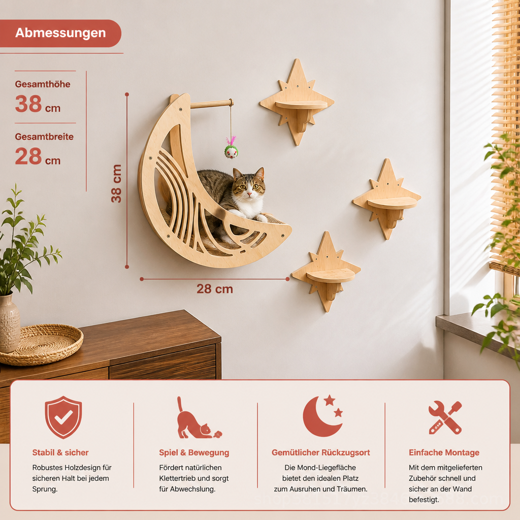 Modernes Katzen-Kletterwand-Set aus Holz mit Mond- & Stern-Design inklusive Liegefläche