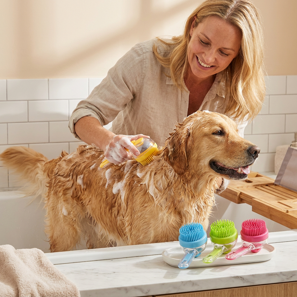 2-in-1 Silikon-Bade- und Massagebürste für Haustiere mit Shampoo-Spender