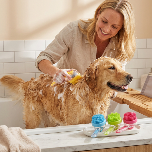 2-in-1 Silikon-Bade- und Massagebürste für Haustiere mit Shampoo-Spender