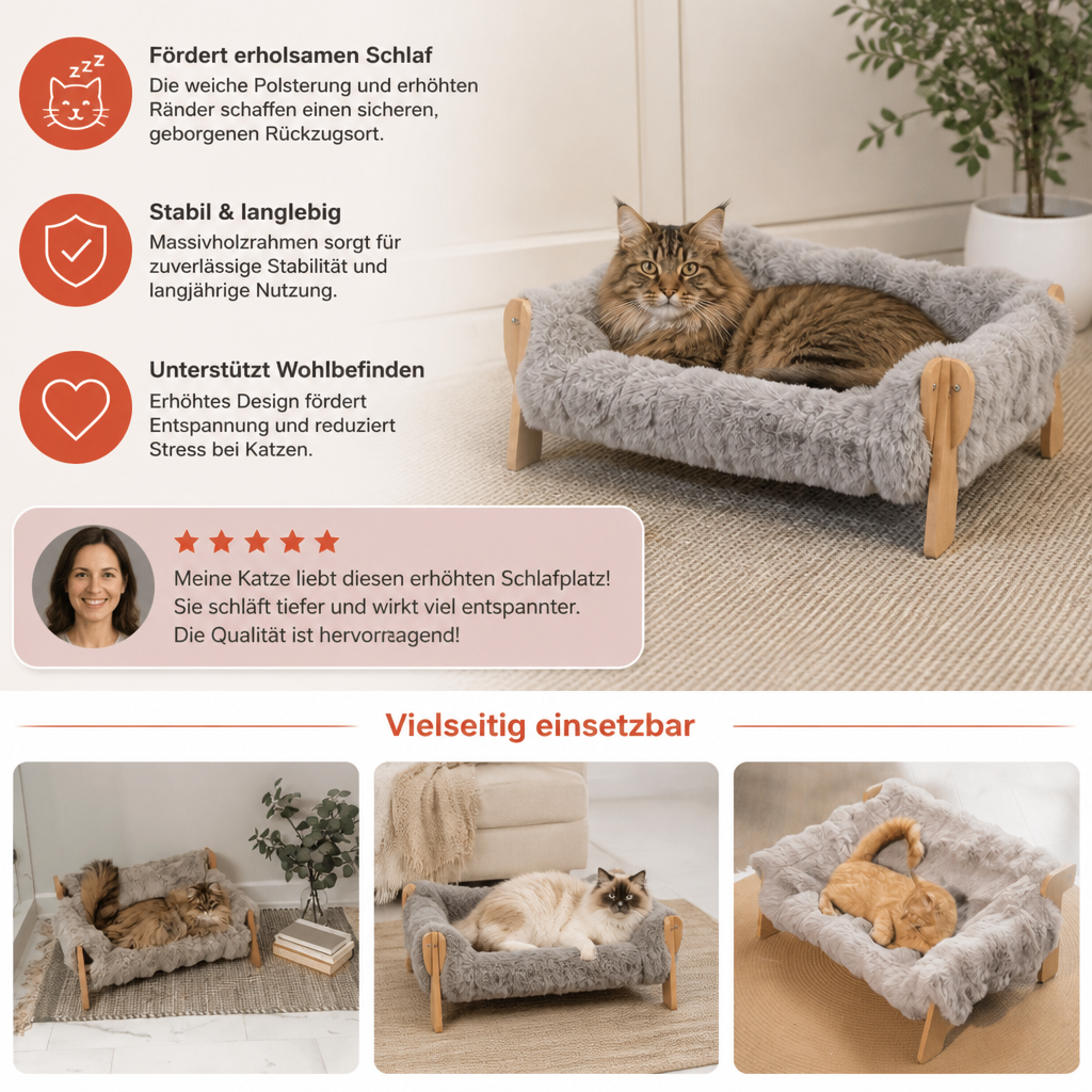 Luxuriöses, erhöhtes Katzenbett aus Massivholz
