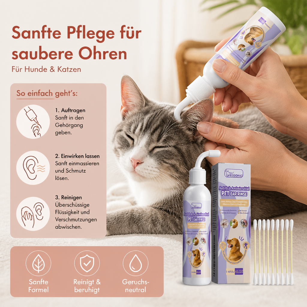 Sanfter Ohrenreiniger für Haustiere – geruchsneutrale Formel für Hunde und Katzen