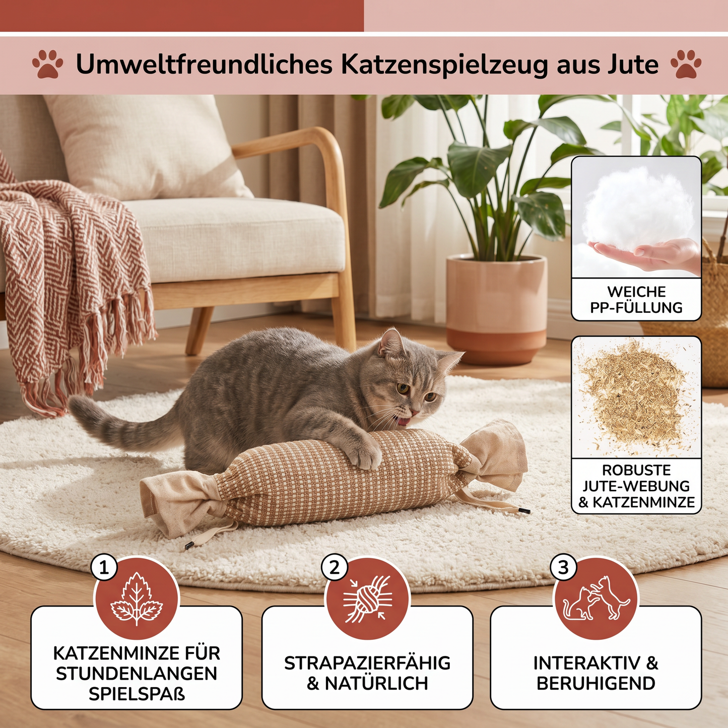 Umweltfreundliches Katzenspielzeug aus Jute mit Katzenminze – strapazierfähige interaktive Spieltasche
