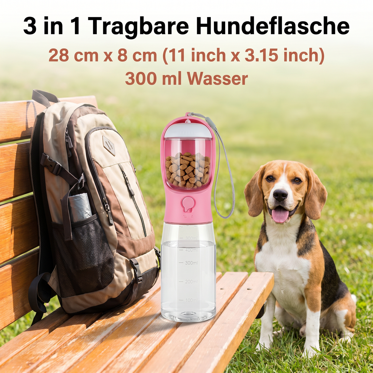 3 in 1 tragbare Hundeflasche mit Futterbehälter und Kotbeutelhalter