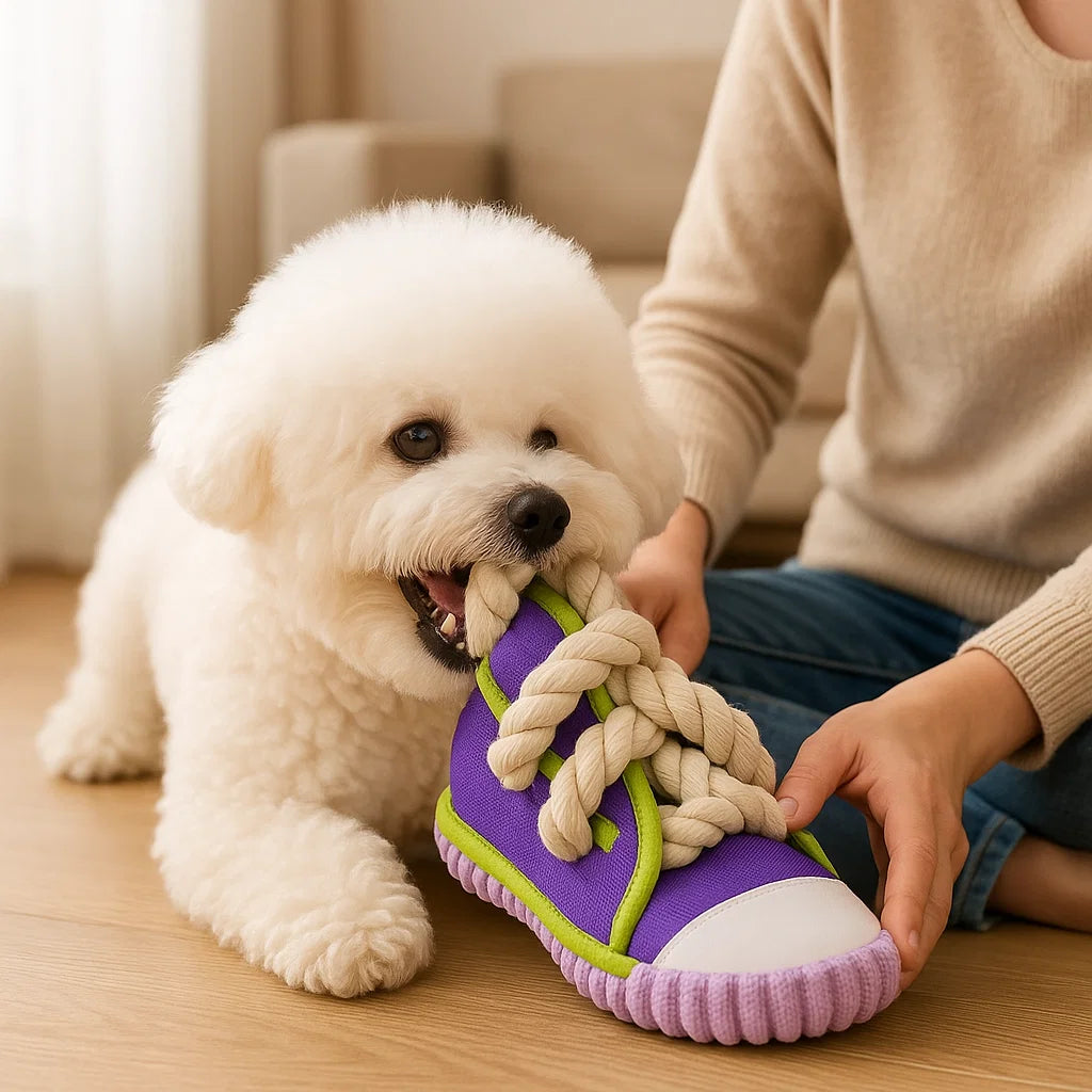 Quietsch-Slipper mit Robustem Baumwollseil – Zahnpflege & Spielspaß für Hunde